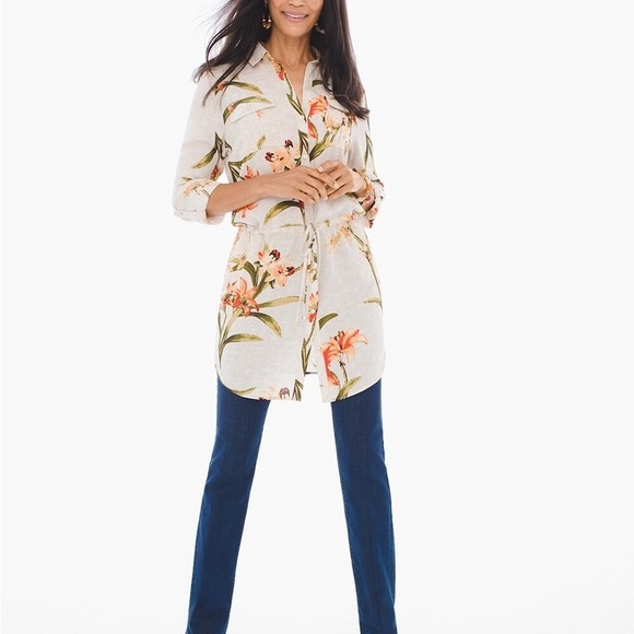 Chico's Spring Lily Utility Shirt Tunic Floral Button Up Roll Tab Sz M Vacation - Picture 2 of 15